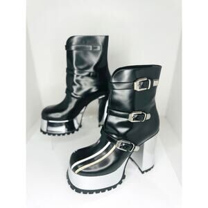 Gucci Black Leather Striped Block Heel Platform Booties Size 39 Ankle Boots